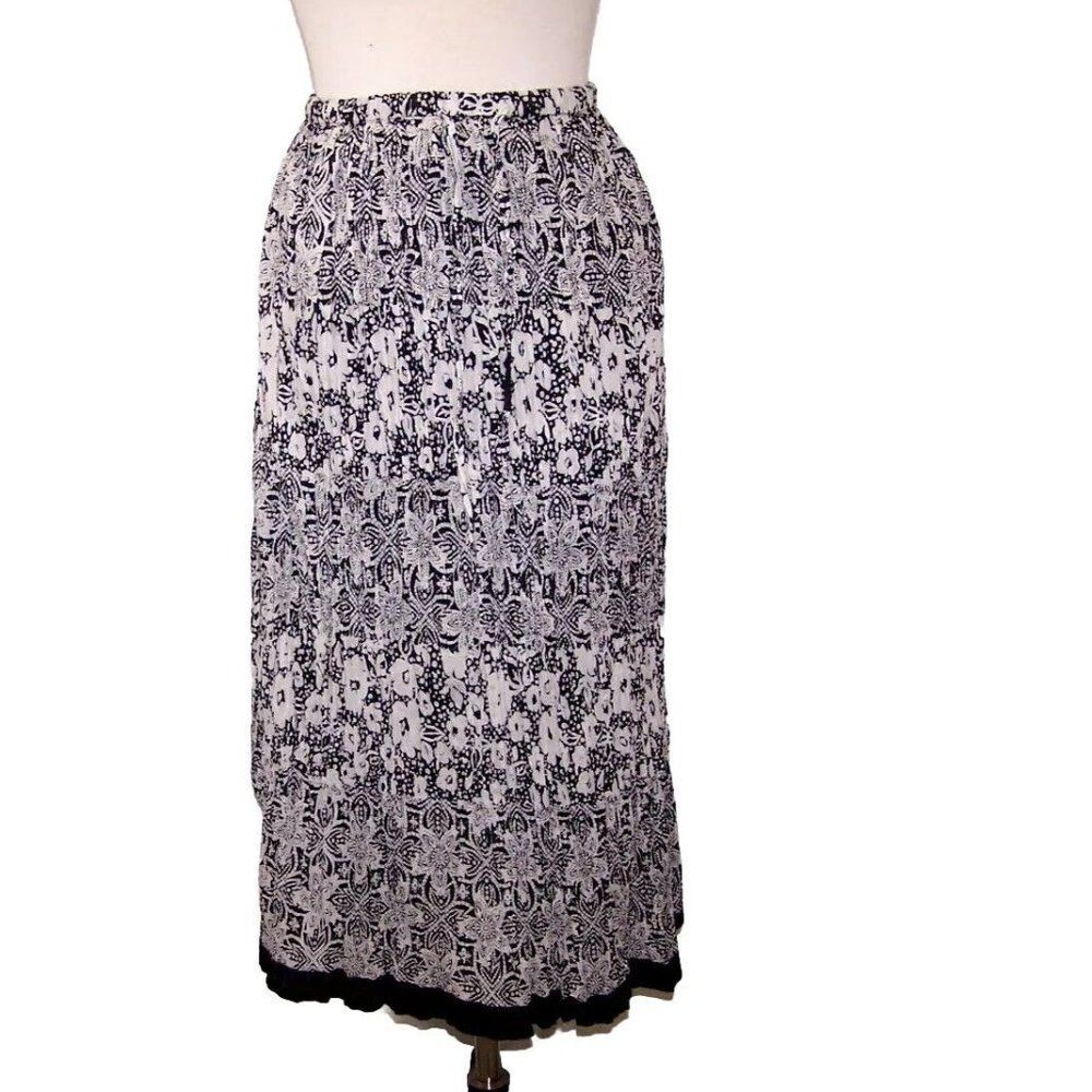 Jane Ashley Midi Skirt Medium Drawstring Elastic Waist Pleated Lined Black White